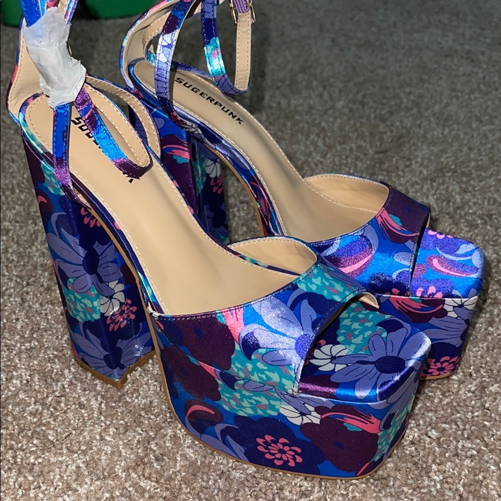 Sugarpunk Blue and Purple Platform Shoes with Floral Design